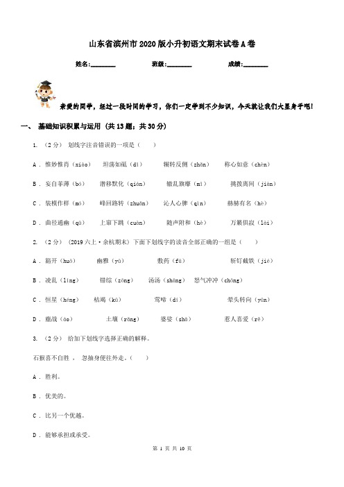 山东省滨州市2020版小升初语文期末试卷A卷