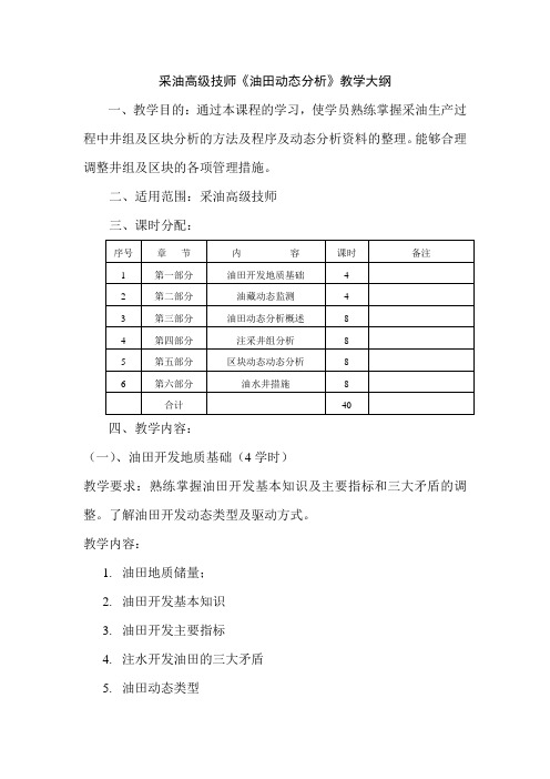 《采油高级技师油田动态分析教学大纲》40学时