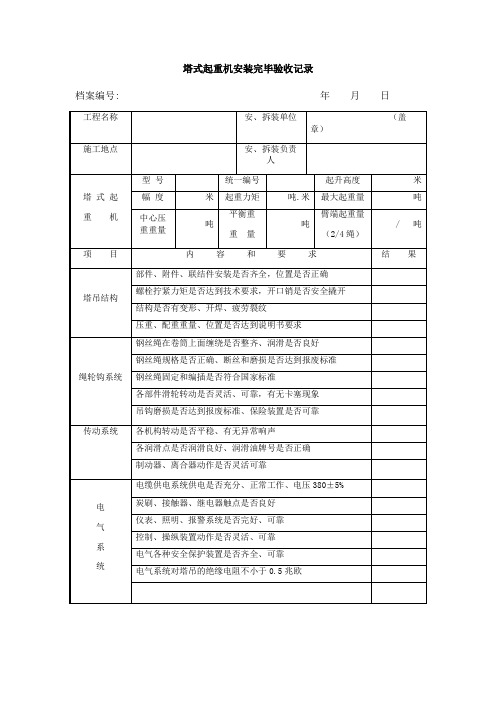 塔式起重机安装完毕验收记录