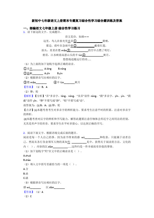 新初中七年级语文上册期末专题复习综合性学习综合题训练及答案