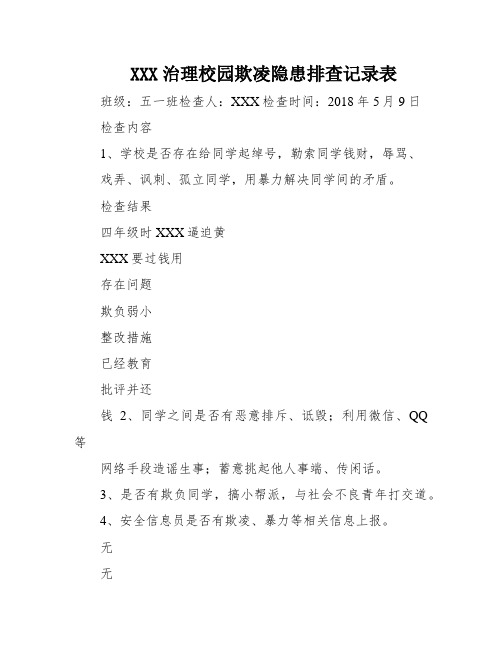 XXX治理校园欺凌隐患排查记录表