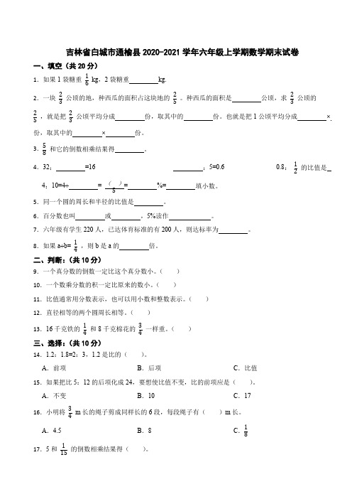 吉林省白城市通榆县2020-2021学年六年级上学期数学期末试卷