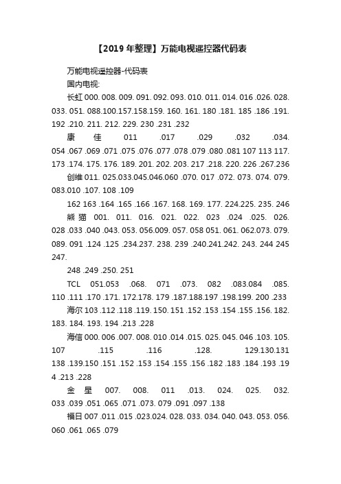 【2019年整理】万能电视遥控器代码表