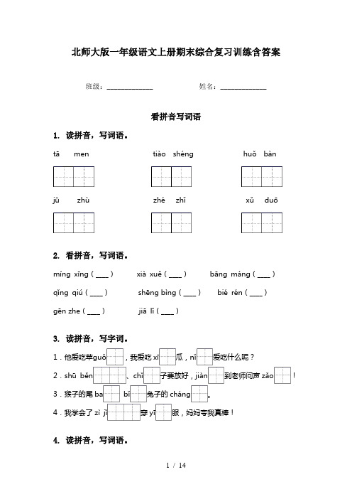 北师大版一年级语文上册期末综合复习训练含答案