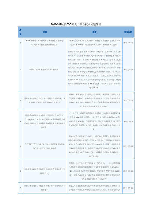 2018-2020年CDE常见一般性技术问题解答