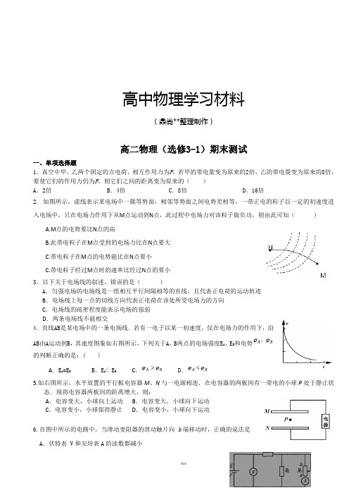 鲁科版高中物理选修3-1高二期末测试                             .docx