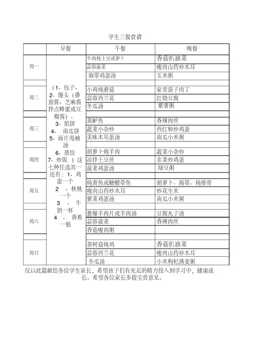 高中生一周食谱