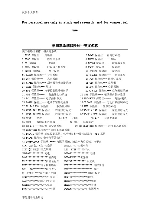 丰田车系统保险丝、继电器中英文名称对照-精心整理含考核