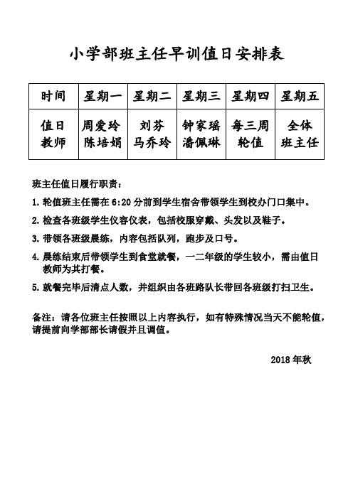 小学部班主任早训值日安排