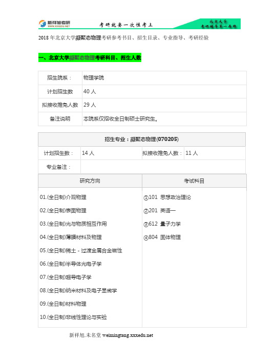 2018年北京大学凝聚态物理考研参考书目、招生目录、专业指导、考研经验