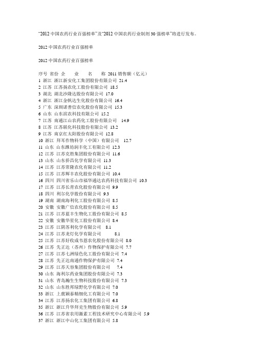 2012中国农药行业制剂30强榜单