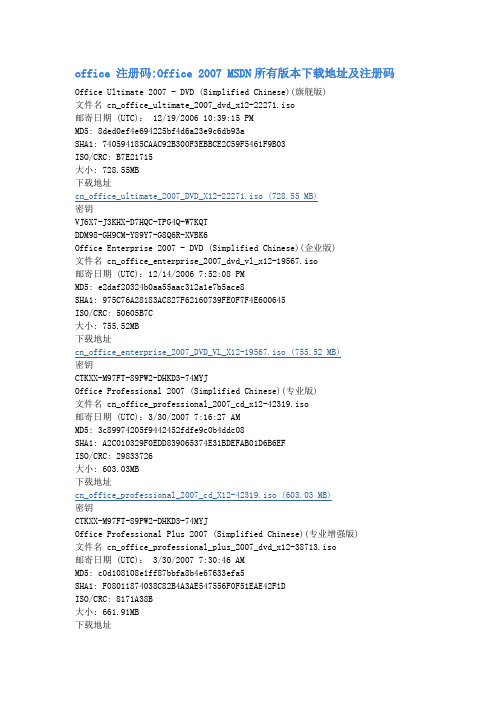 office 注册码Office 2007 MSDN所有版本下载地址及注册码