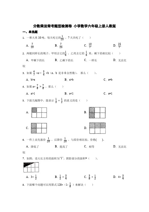 人教版数学6年级上册 总复习 分数乘法 常考题型练习(含答案)