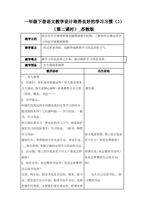 一年级下册语文教学设计培养良好的学习习惯(2)(第二课时)_苏教版