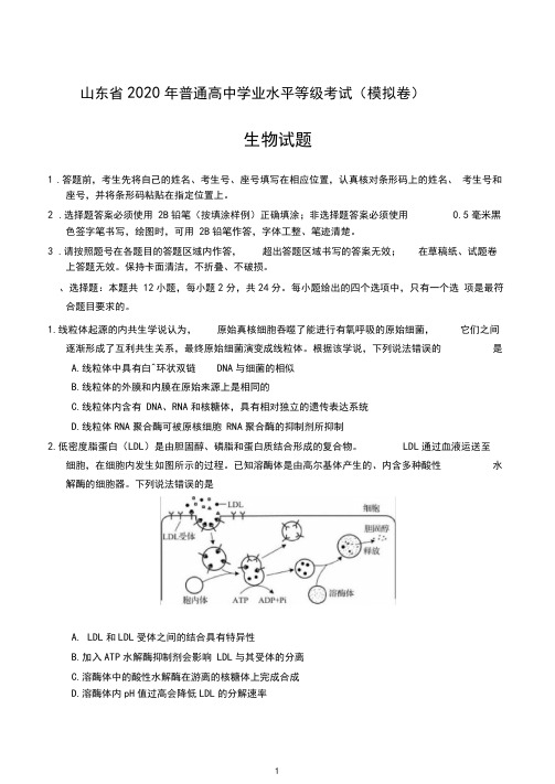 山东省2020年(5月)普通高中学业水平等级考试(模拟卷)生物试题及参考答案