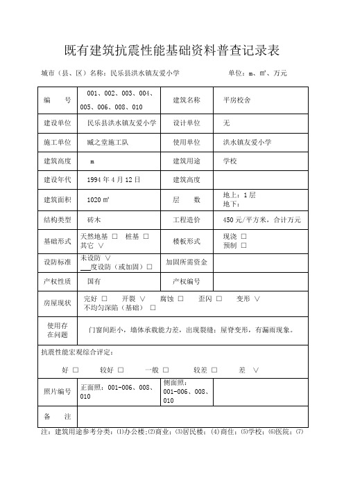 友爱小学既有建筑抗震性能基础资料普查记录表格