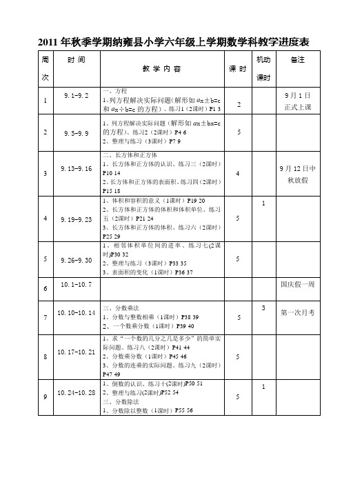 苏教版2011年秋季学期小学数学六年级上册教学进度表