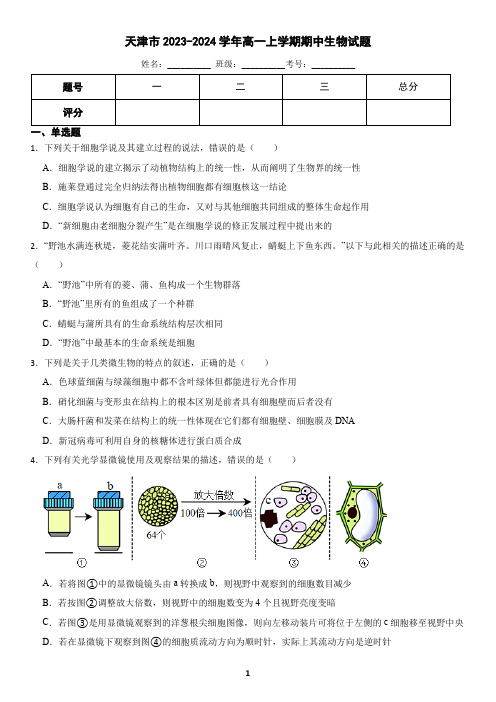 天津市2023-2024学年高一上学期期中生物试题(含答案)2