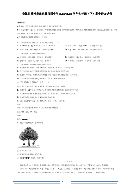 安徽省滁州市定远县第四中学2022-2023学年七年级(下)期中语文试卷