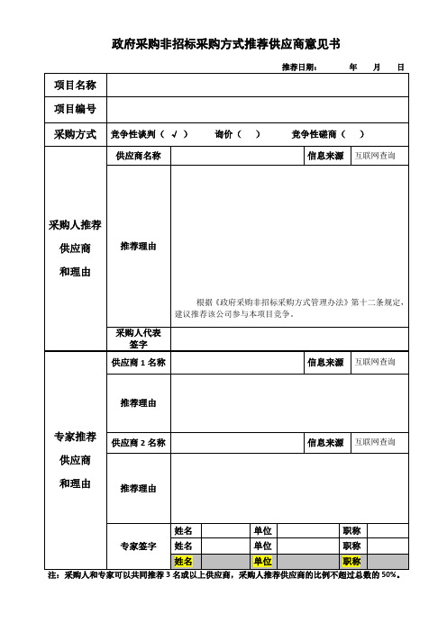 政府采购非招标采购方式推荐供应商意见书-谈判和或询价