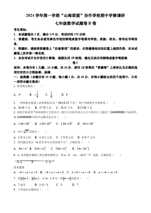 浙江省宁波市“山海联盟”协作学校2024-2025学年上学期期中学情调研七年级数学试题(B卷)