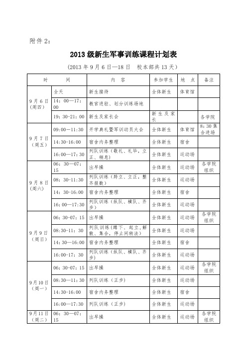 新生军事训练课程计划表【模板范本】