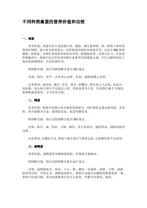 不同种类禽蛋的营养价值和功效