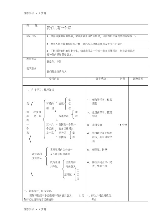 八年级思想品德上册第二课《我们共有一个家》教学设计鲁教版