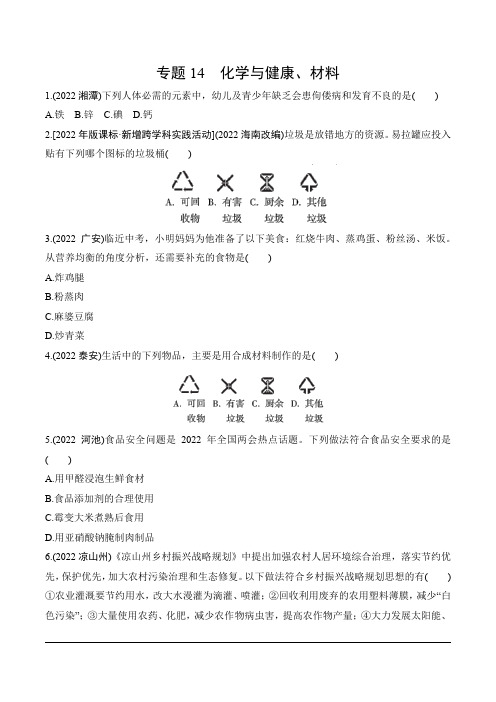 14 专题14 化学与健康、材料【2023中考化学一轮复习 考点精练】(含答案)