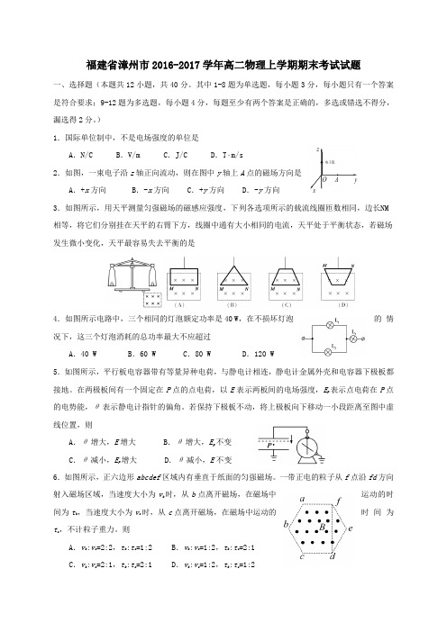 福建省漳州市2016-2017学年高二第一学期期末考试物理试卷