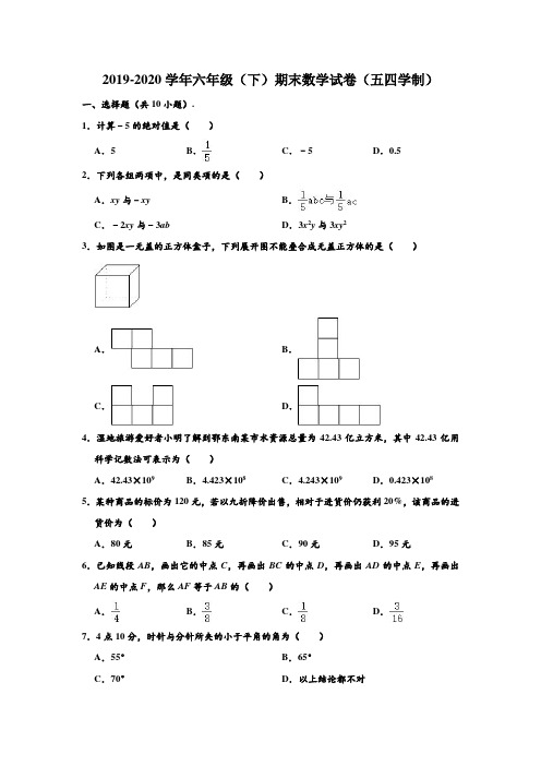 2019-2020学年黑龙江省大庆市肇源县六年级下学期期末数学试卷(五四学制) (解析版)