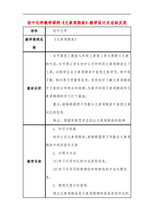 初中化学教学课例《元素周期表》教学设计及总结反思