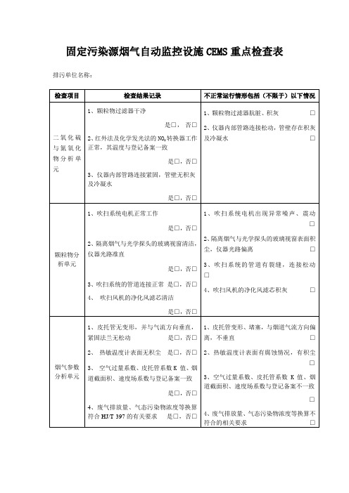 固定污染源烟气自动监控设施CEMS重点检查表