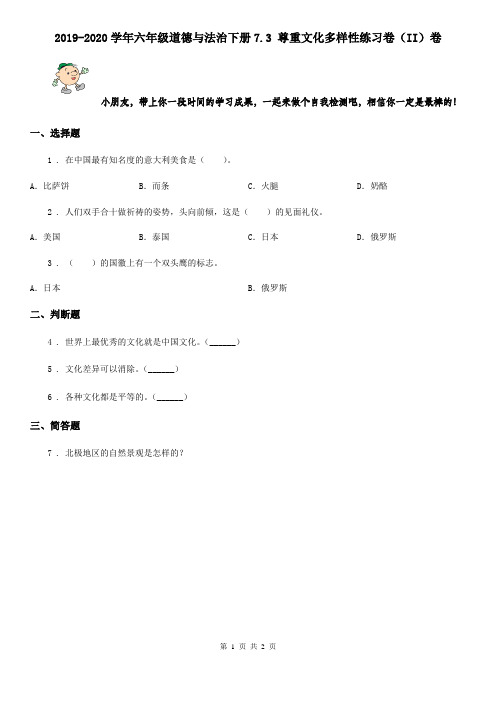 2019-2020学年六年级道德与法治下册7.3 尊重文化多样性练习卷(II)卷