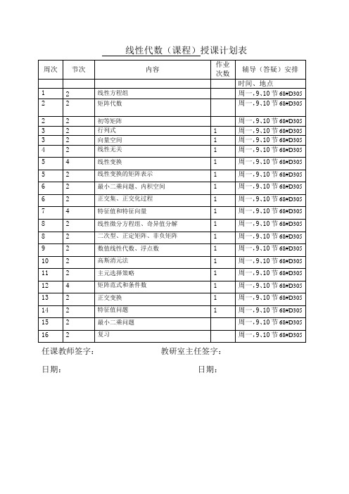 线性代数授课计划表
