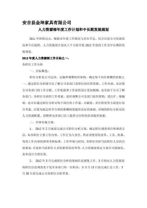 人力资源部年度工作计划和中长期发展规划
