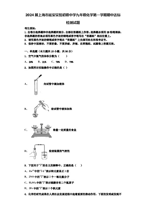 2024届上海市延安实验初级中学九年级化学第一学期期中达标检测试题含答案解析