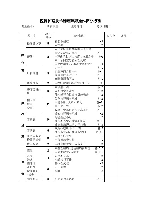 医院护理技术铺麻醉床操作评分标准