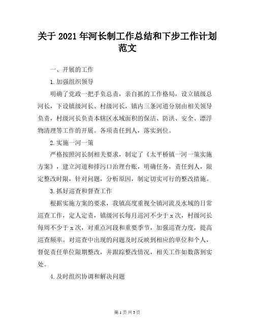 关于2021年河长制工作总结和下步工作计划范文