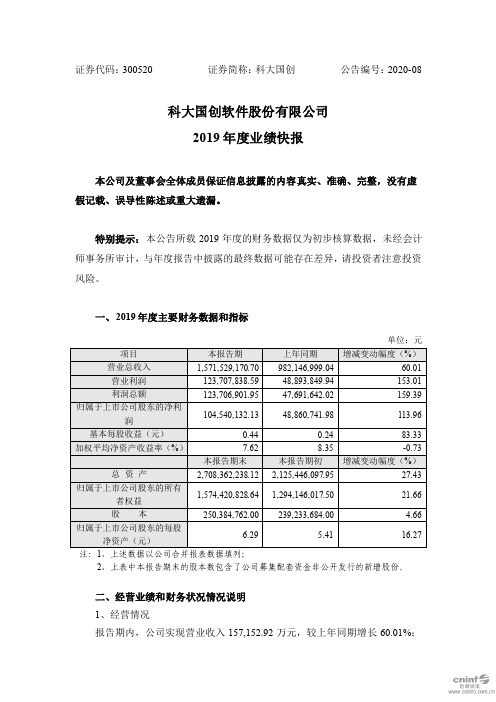 科大国创：2019年度业绩快报