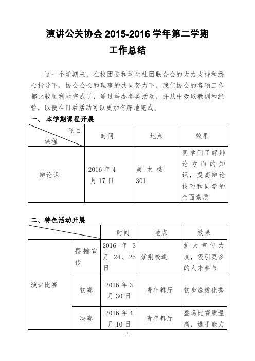 演讲公关协会2015-2016学年第二学期工作总结