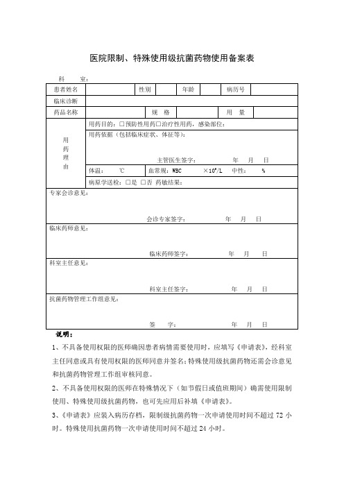 医院限制、特殊使用级抗菌药物使用备案表