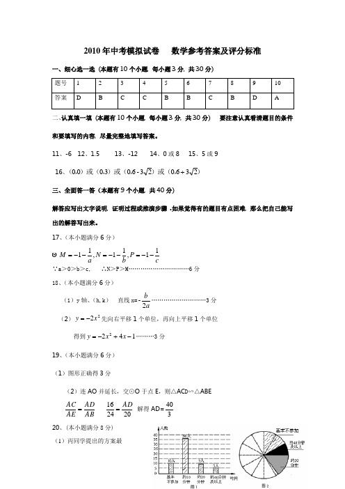 2010年中考模拟试卷 数学参考答案及评分标准