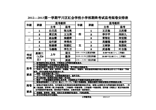 月小学教师期末考试监考阅卷安排表