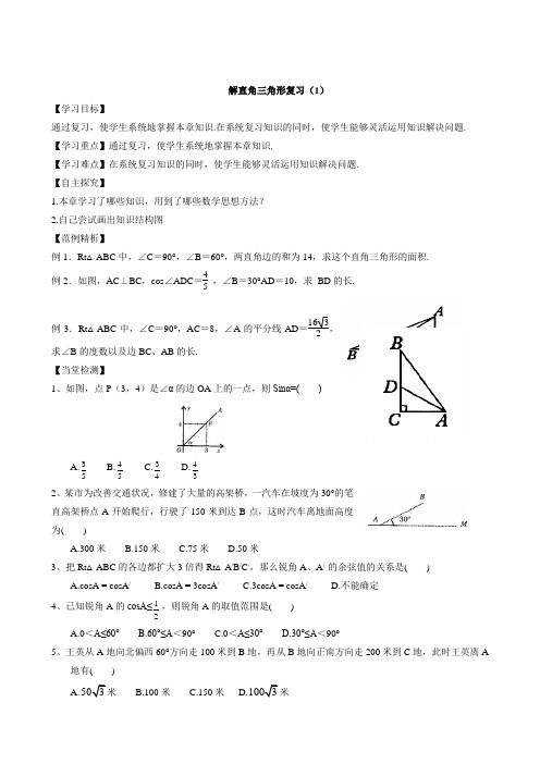 人教版九年级数学下册解直角三角形复习学案