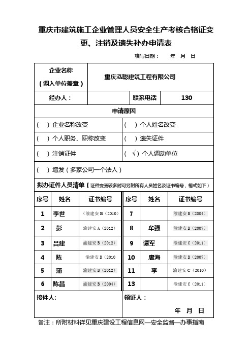 重庆市建筑施工企业管理人员安全生产考核合格证变更