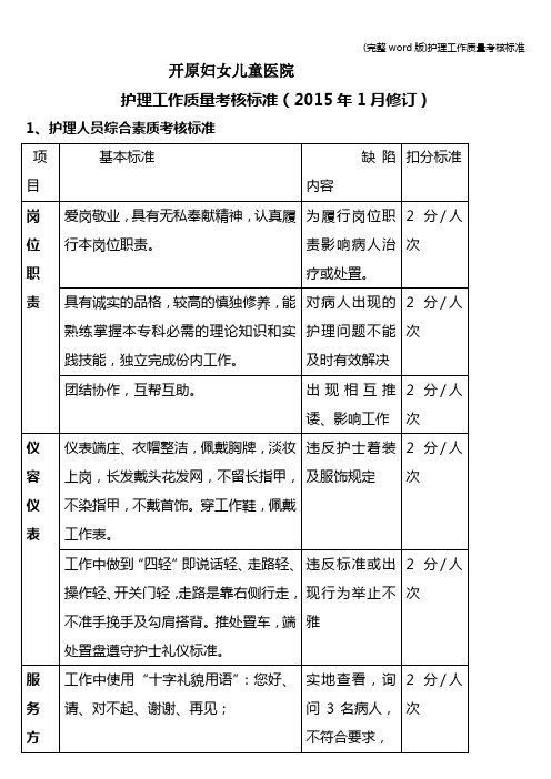 (完整word版)护理工作质量考核