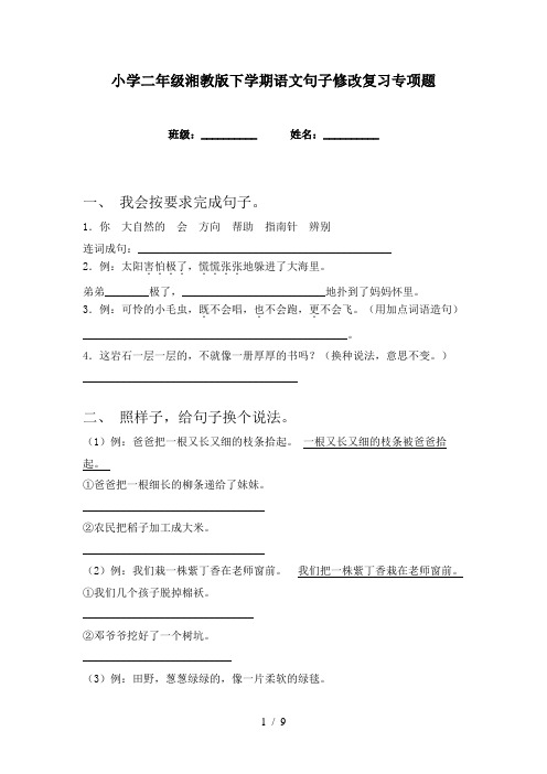 小学二年级湘教版下学期语文句子修改复习专项题