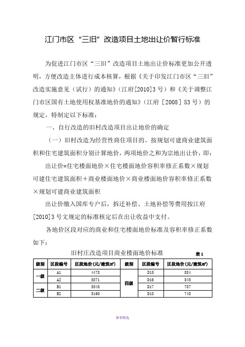 江门市区三旧改造项目土地出让价暂行标准