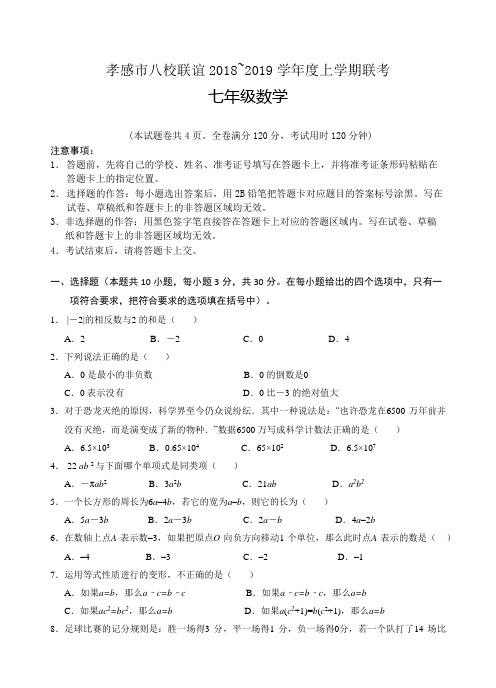 孝感市八校联谊2018-2019学年度上学期12月联考七年级数学